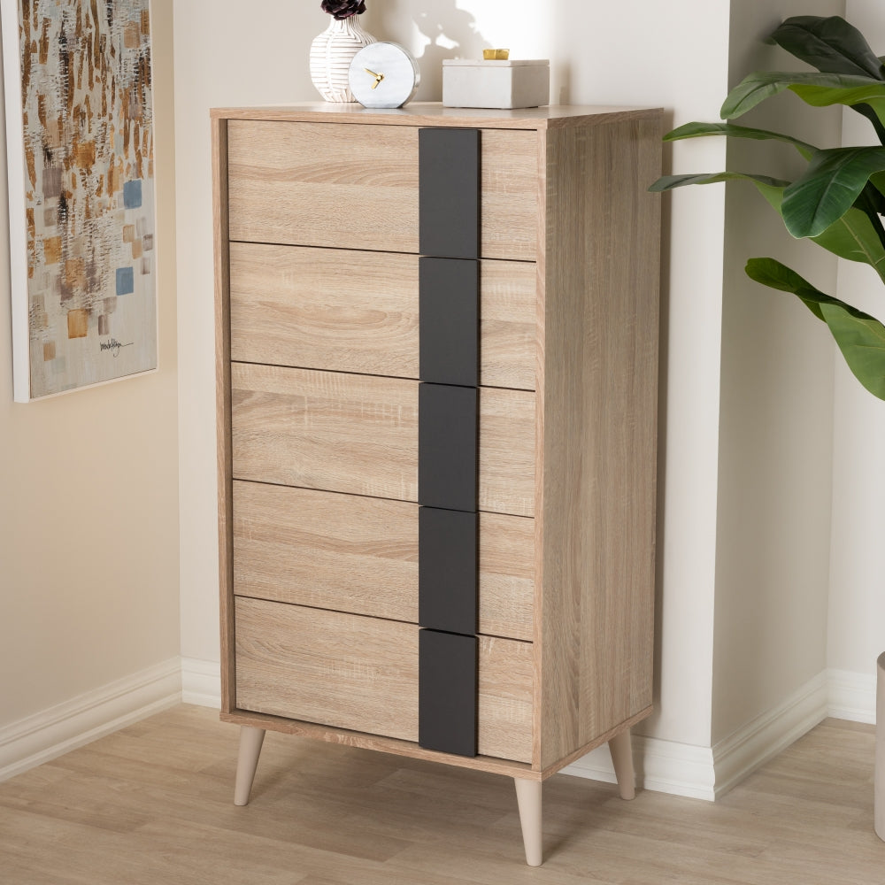 Lisen Mid-Century Modern Light Oak and Grey 5-Drawer Chest