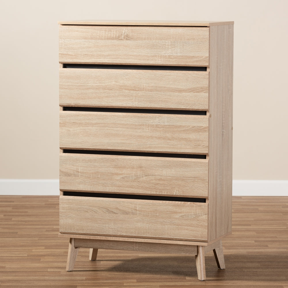 Miren Mid-Century Modern Light Oak and Dark Grey 5-Drawer Chest