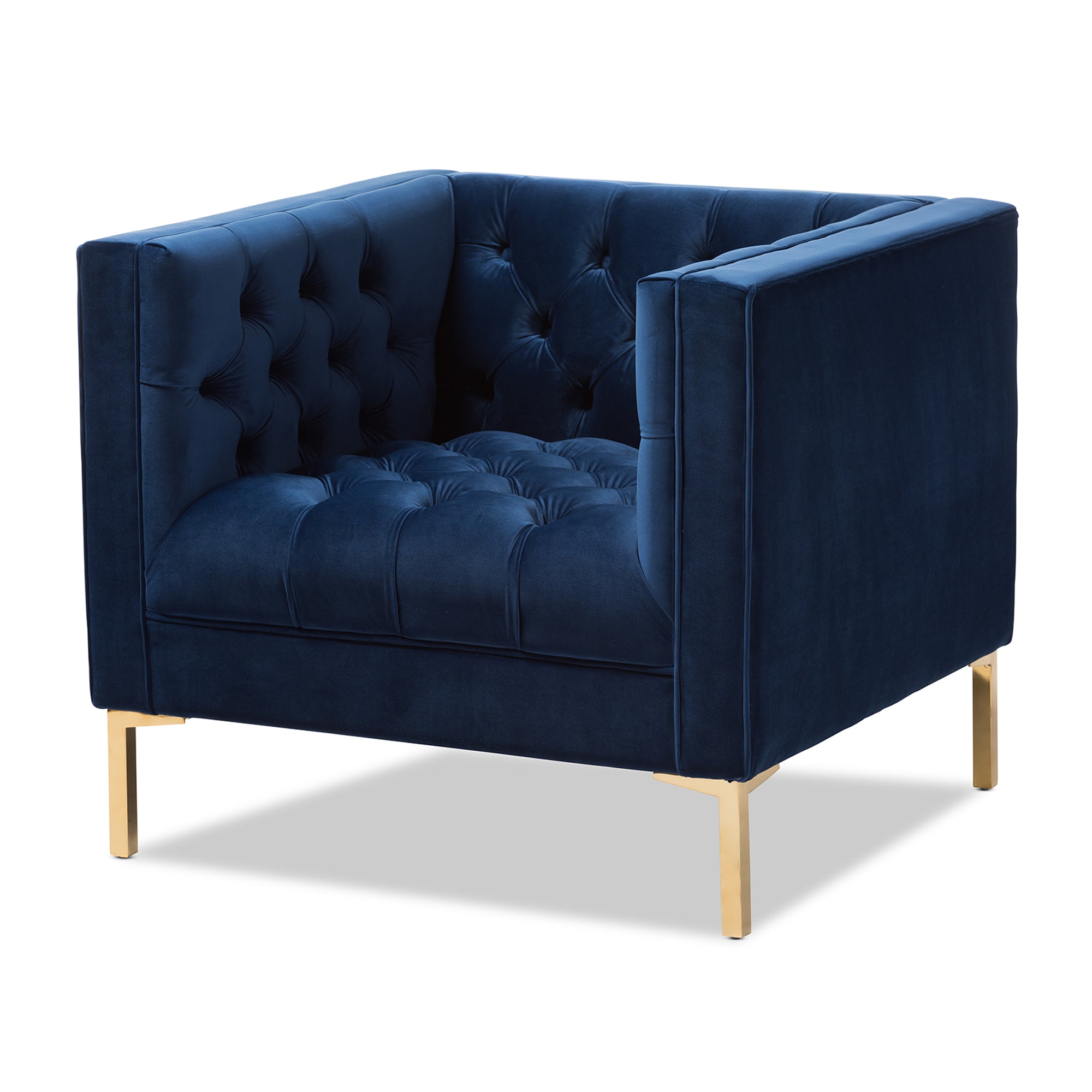 Zanetta and our Navy Velvet Upholstered Gold Finished Lounge Chair
