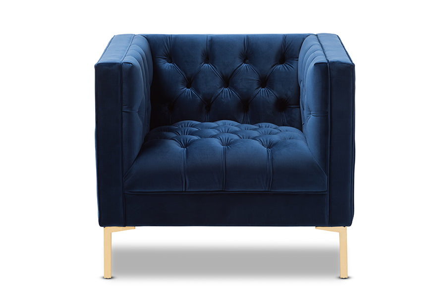 Zanetta Navy Velvet Upholstered Gold Finished Lounge Chair