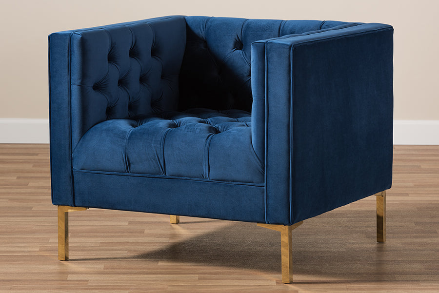 Zanetta and our Navy Velvet Upholstered Gold Finished Lounge Chair