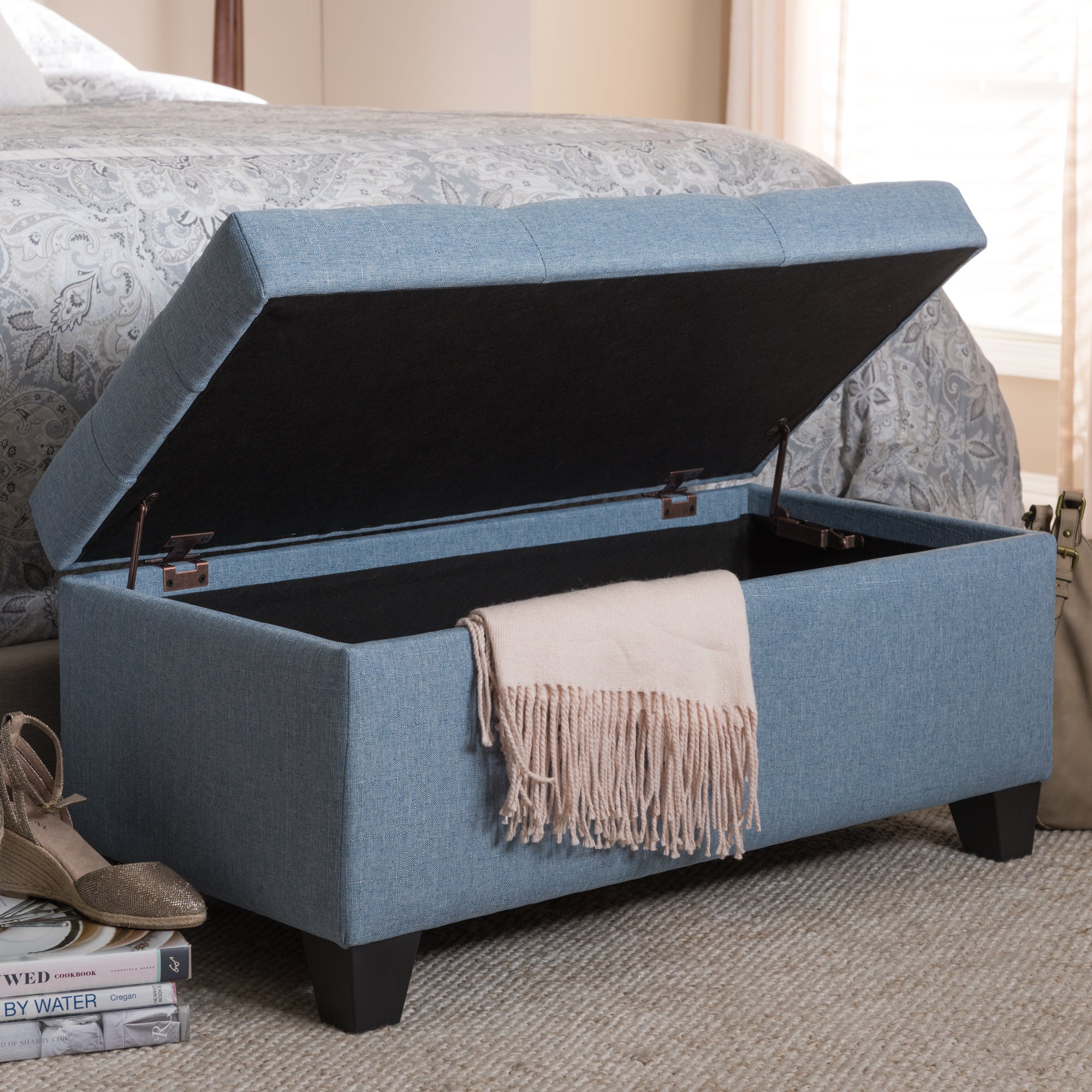 Michaela Modern and Contemporary Light Blue Fabric Upholstered Storage Ottoman
