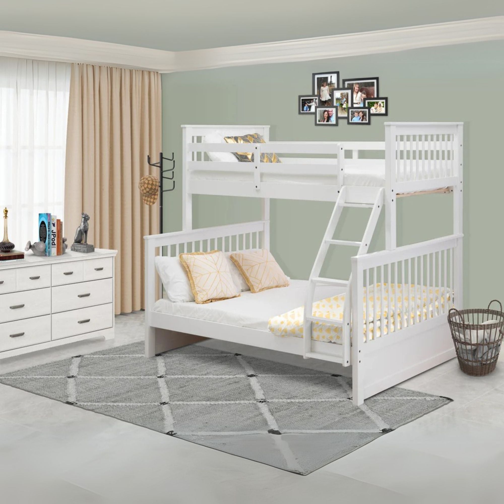 Merida Odessa Twin/Full White Wood Bunk Bed – Modern Space-Saving Design