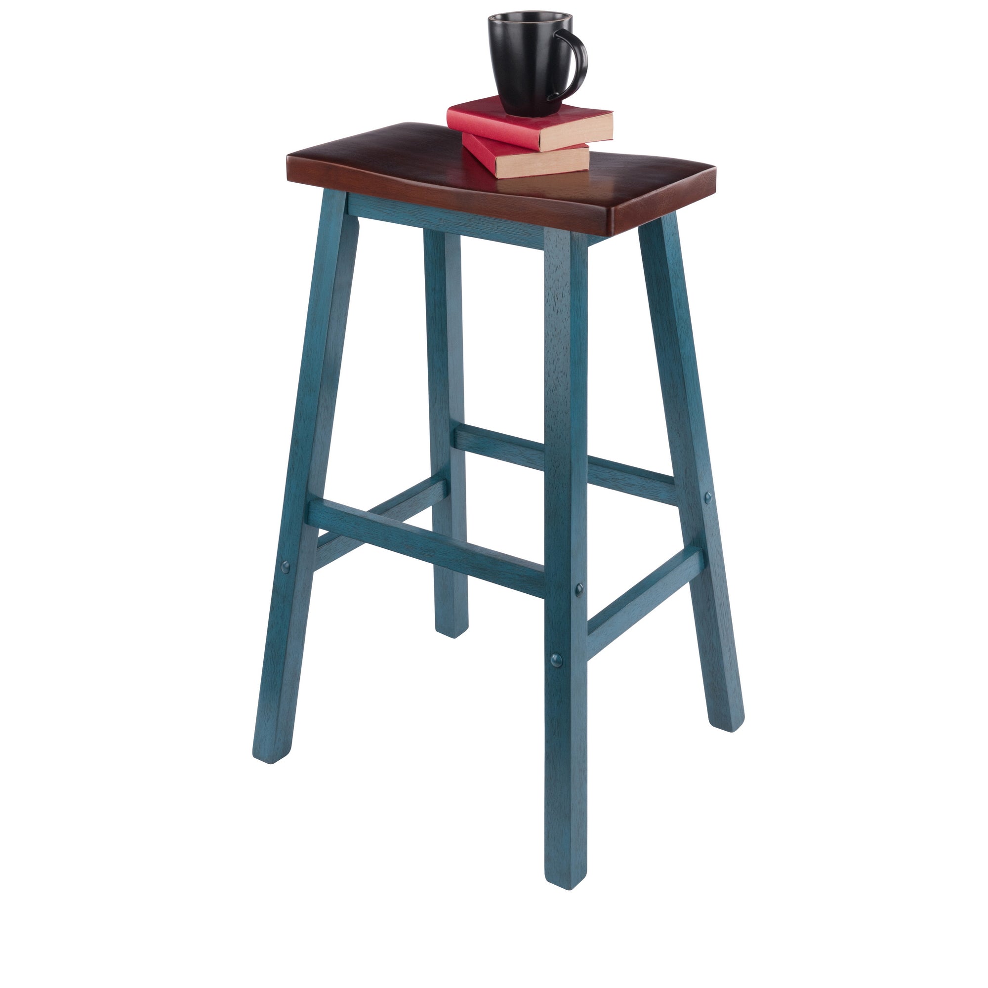 Satori Saddle Seat Bar Stool, Rustic Teal and Walnut