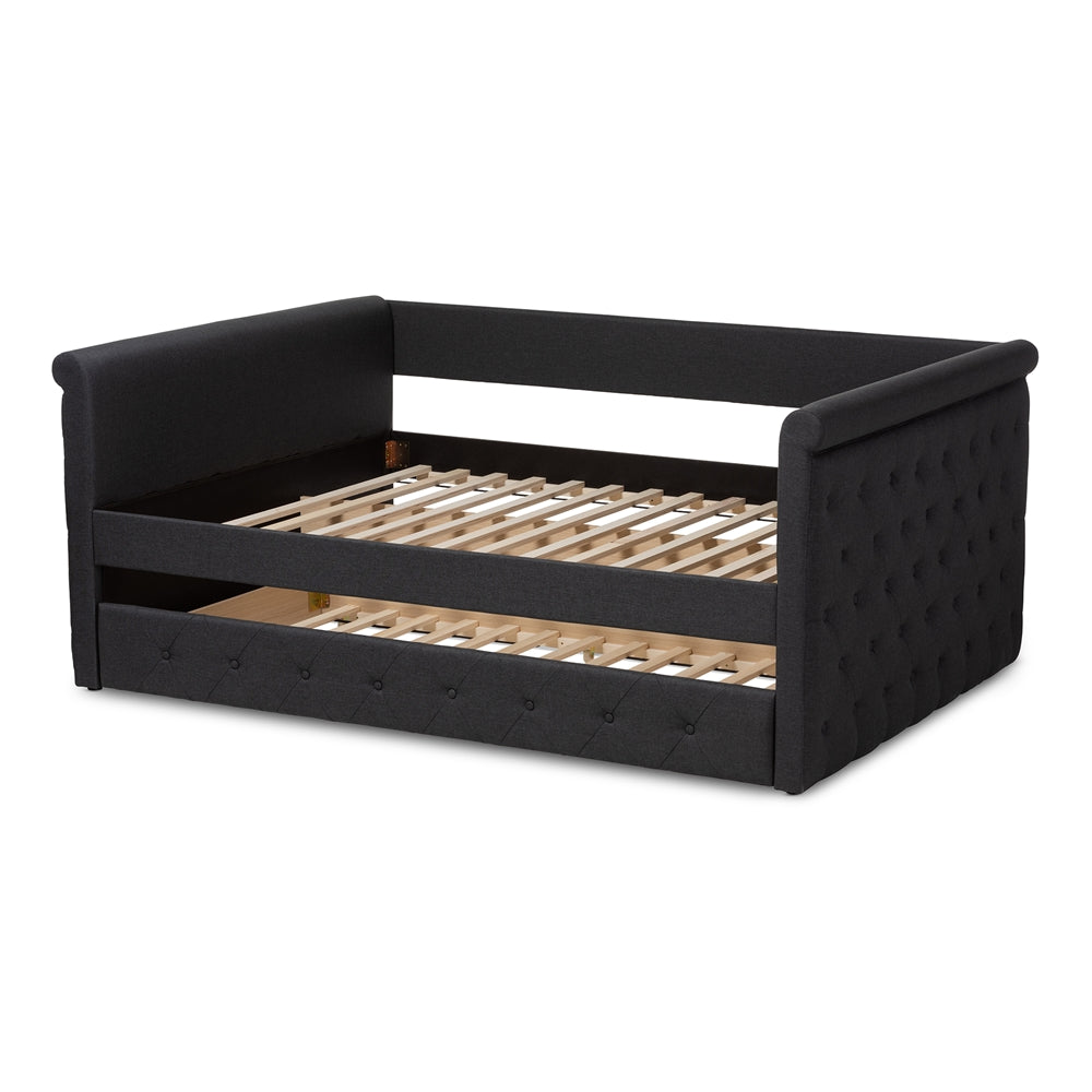 Alena Collection Full Size Dark Grey Daybed Upholstered Fabric Frame with Pull-Out Trundle