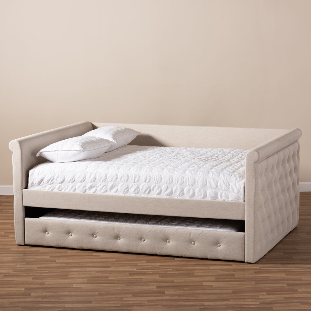 Javante Alena Queen Size Beige Upholstered Daybed – Fabric Frame with Roll-Out Trundle