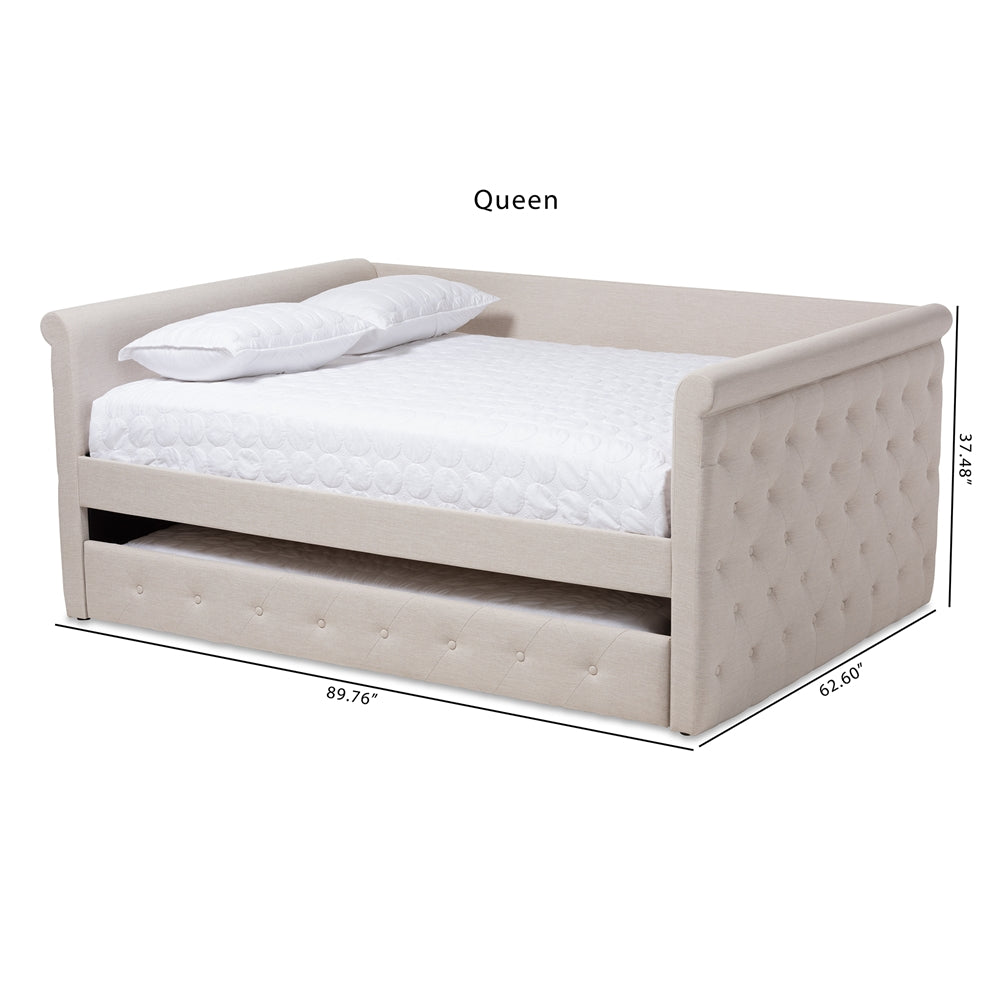 Javante Alena Queen Size Beige Upholstered Daybed Fabric Frame with Roll-Out Trundle