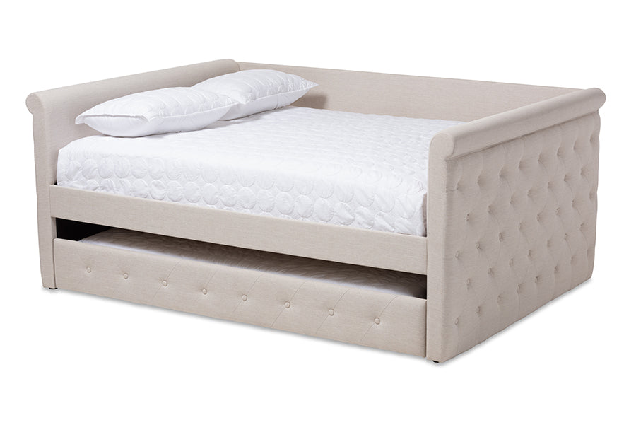 Javante Alena Queen Size Beige Upholstered Daybed Fabric Frame with Roll-Out Trundle