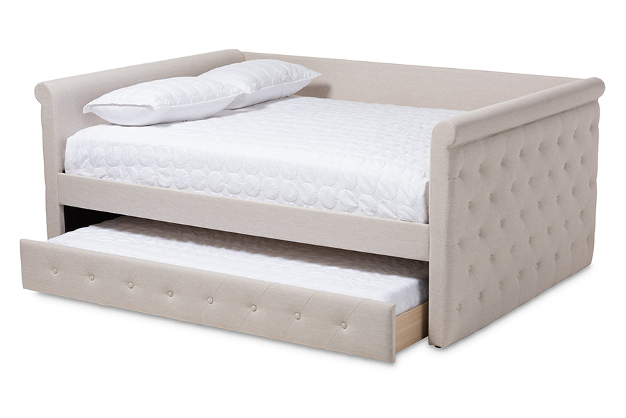 Javante Alena Queen Size Beige Upholstered Daybed Fabric Frame with Roll-Out Trundle