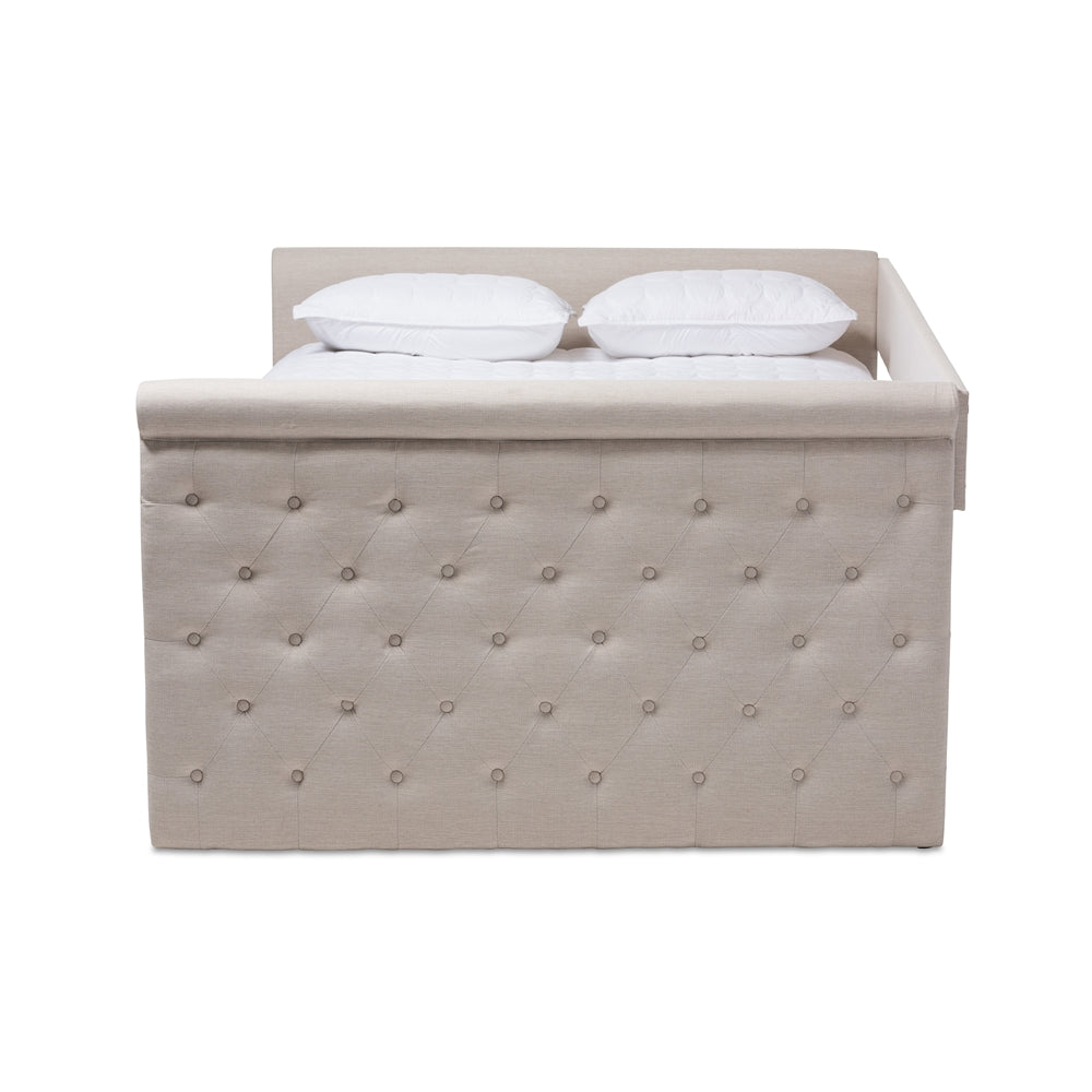 Javante Alena Queen Size Beige Upholstered Daybed Fabric Frame with Roll-Out Trundle