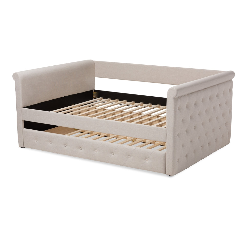 Javante Alena Queen Size Beige Upholstered Daybed Fabric Frame with Roll-Out Trundle