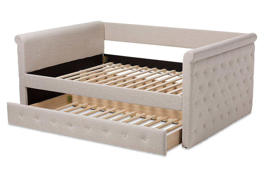 Javante Alena Queen Size Beige Upholstered Daybed Fabric Frame with Roll-Out Trundle