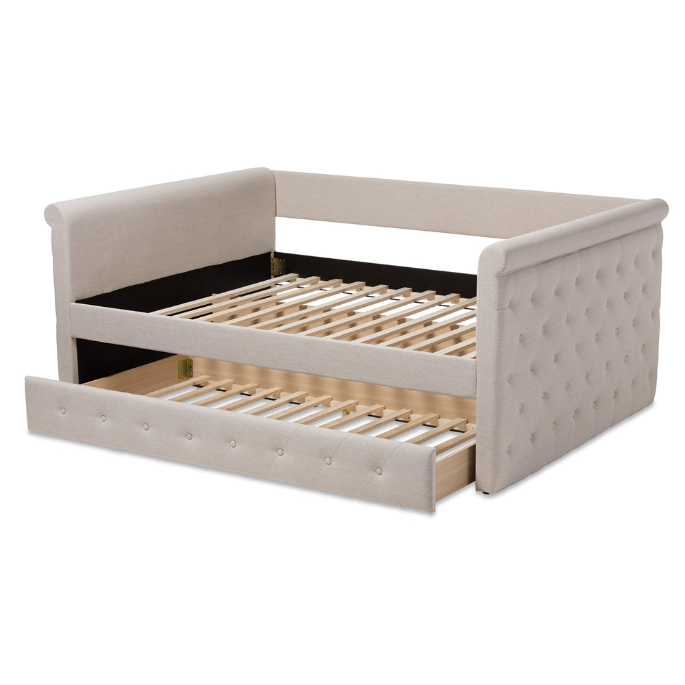Javante Alena Queen Size Beige Upholstered Daybed Fabric Frame with Roll-Out Trundle
