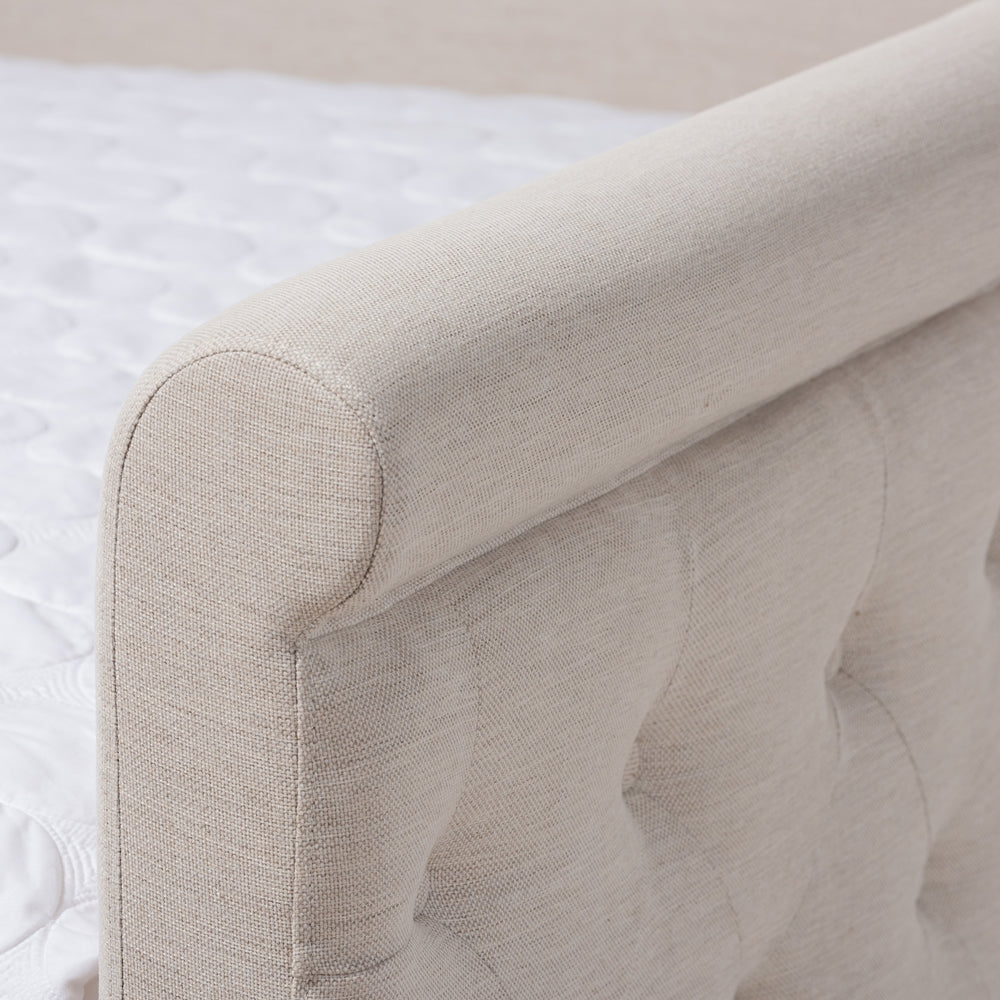 Javante Alena Queen Size Beige Upholstered Daybed Fabric Frame with Roll-Out Trundle