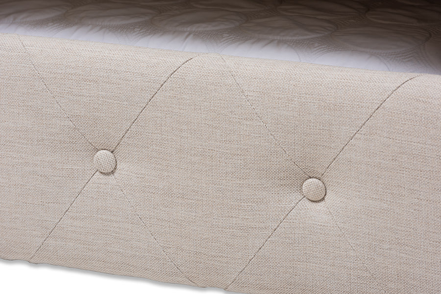 Javante Alena Queen Size Beige Upholstered Daybed Fabric Frame with Roll-Out Trundle