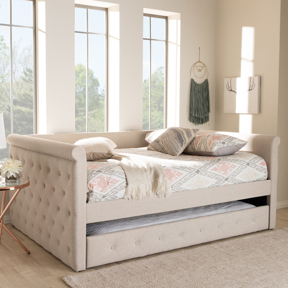 Javante Alena Queen Size Beige Upholstered Daybed – Fabric Frame with Roll-Out Trundle