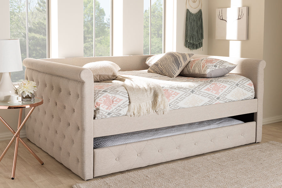 Javante Alena Queen Size Beige Upholstered Daybed Fabric Frame with Roll-Out Trundle