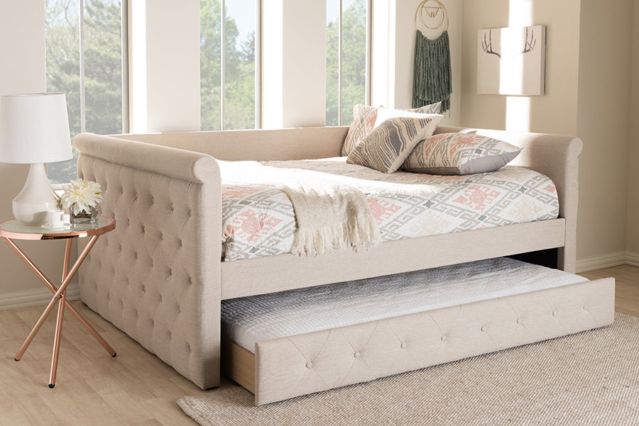 Javante Alena Queen Size Beige Upholstered Daybed Fabric Frame with Roll-Out Trundle