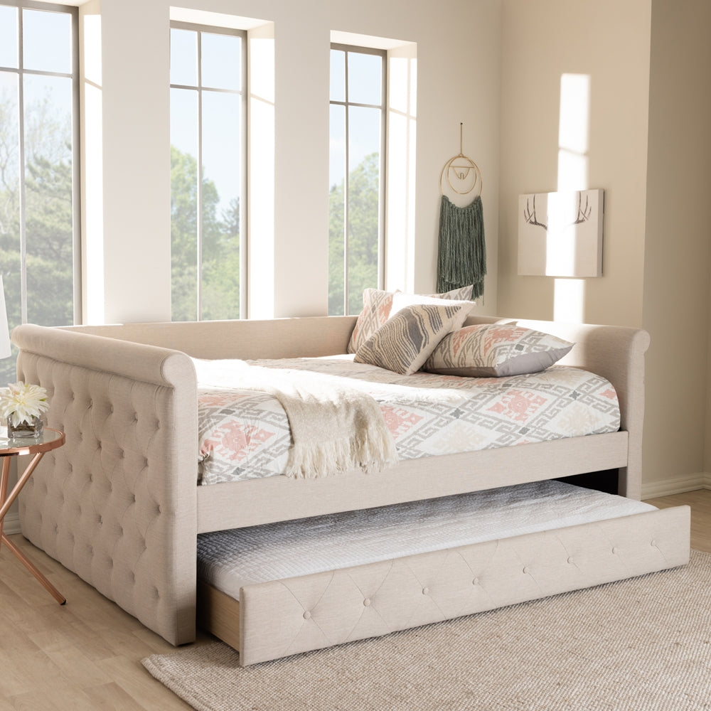 Javante Alena Queen Size Beige Upholstered Daybed Fabric Frame with Roll-Out Trundle