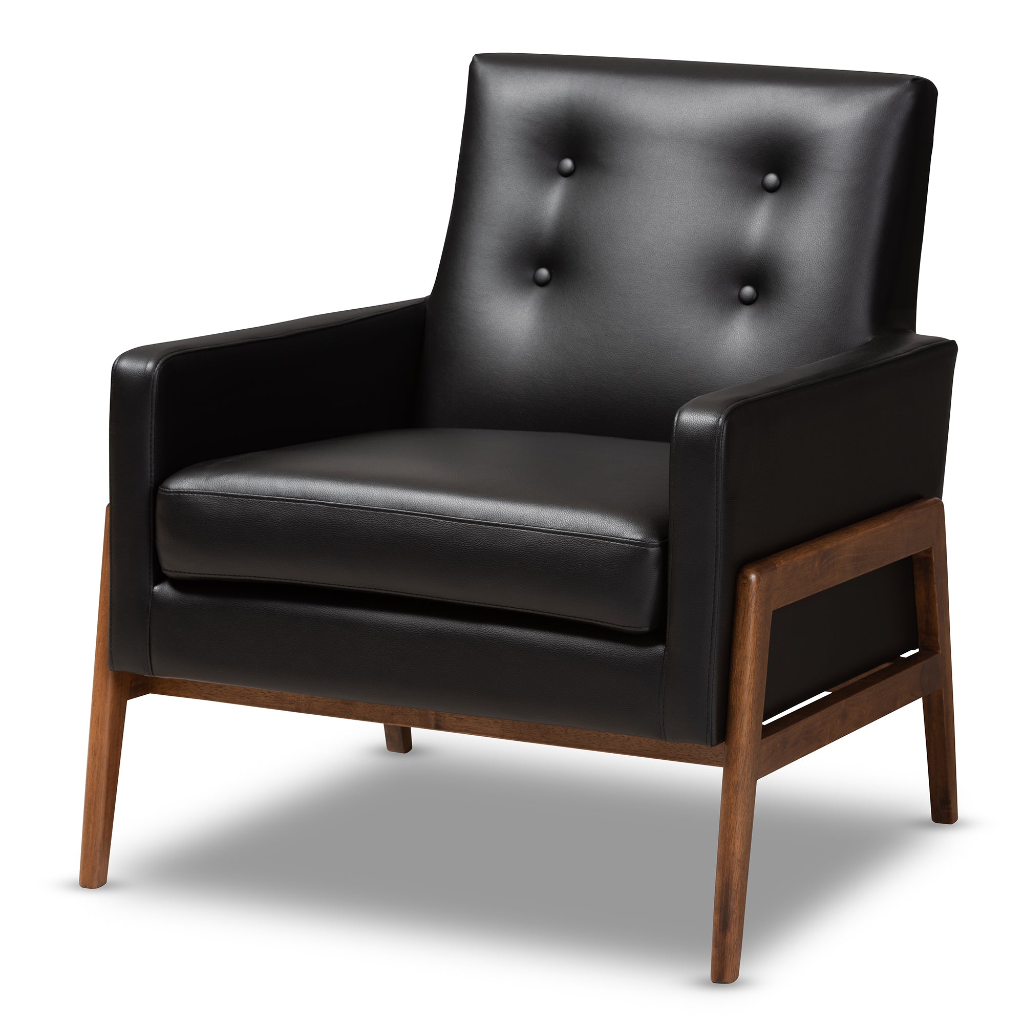 Perris Mid-Century Modern Black Faux Leather Upholstered Walnut Wood Lounge Chair