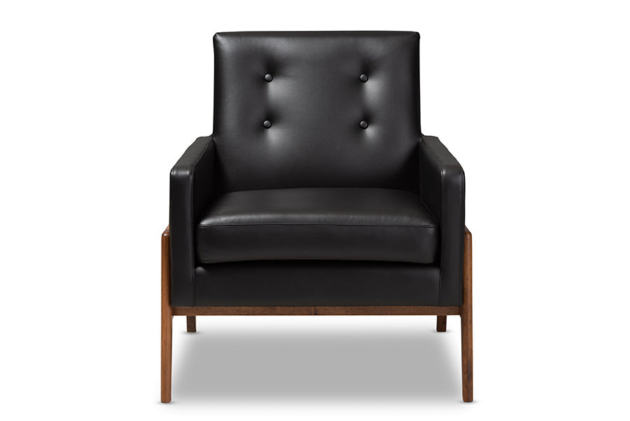 Perris Mid-Century Modern Black Faux Leather Upholstered Walnut Wood Lounge Chair
