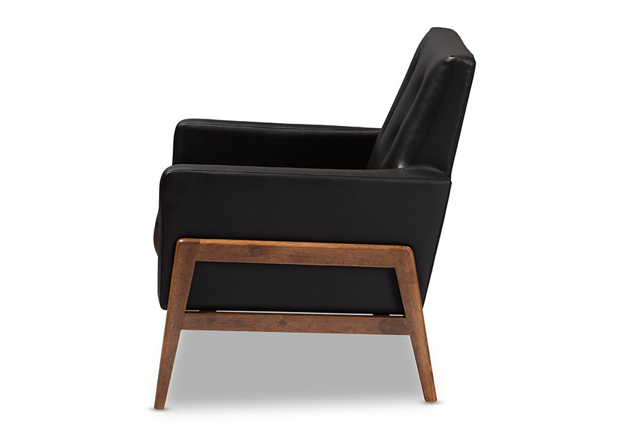 Perris Mid-Century Modern Black Faux Leather Upholstered Walnut Wood Lounge Chair