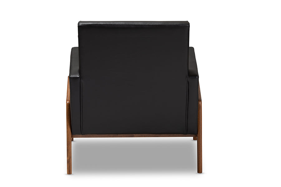 Perris Mid-Century Modern Black Faux Leather Upholstered Walnut Wood Lounge Chair