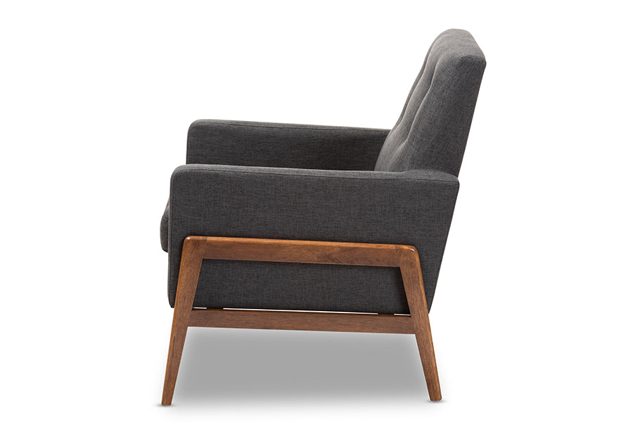 Perris Mid-Century Modern Dark Grey Fabric Upholstered Walnut Wood Lounge Chair