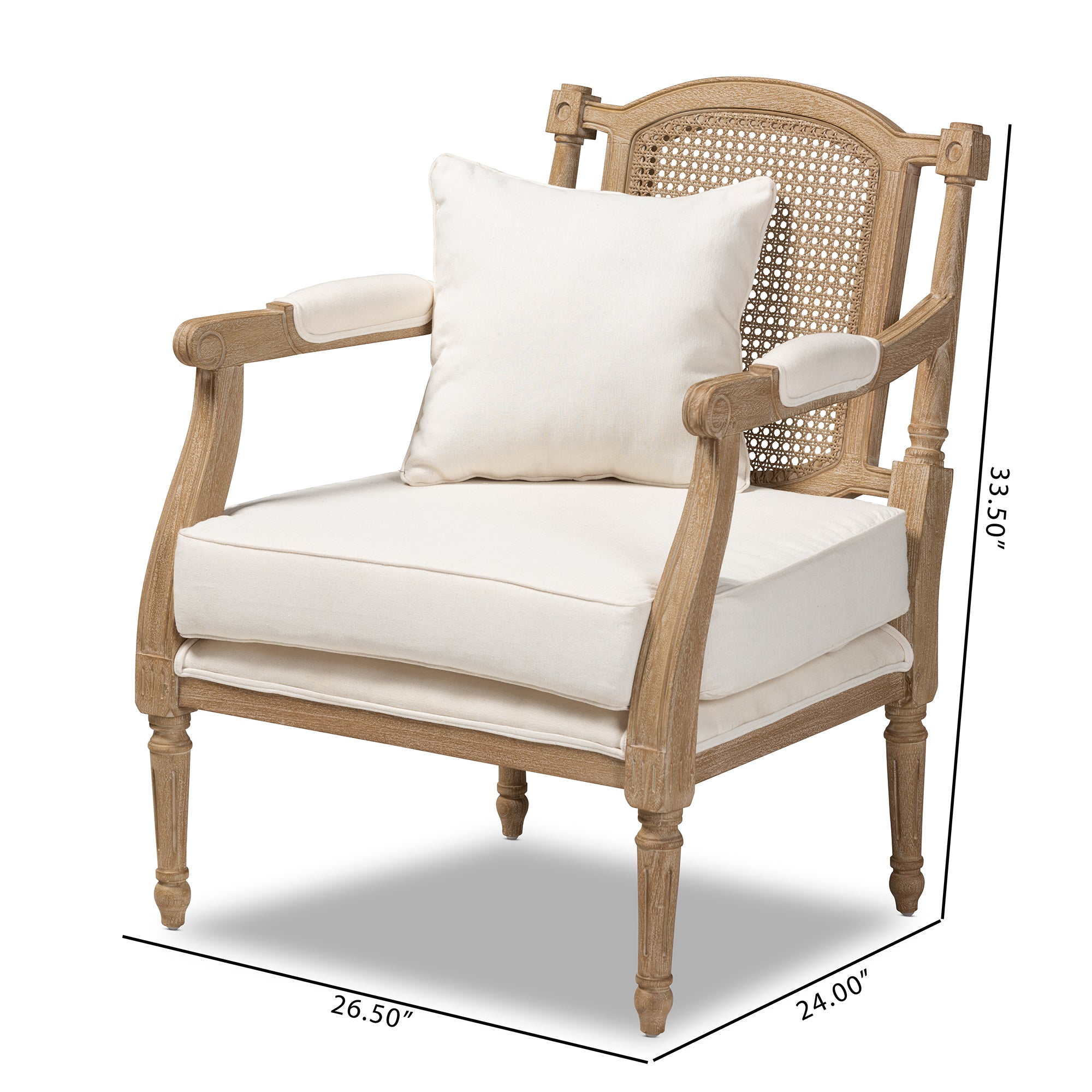 Clemence French Provincial Ivory Fabric Upholstered Whitewashed Wood Armchair