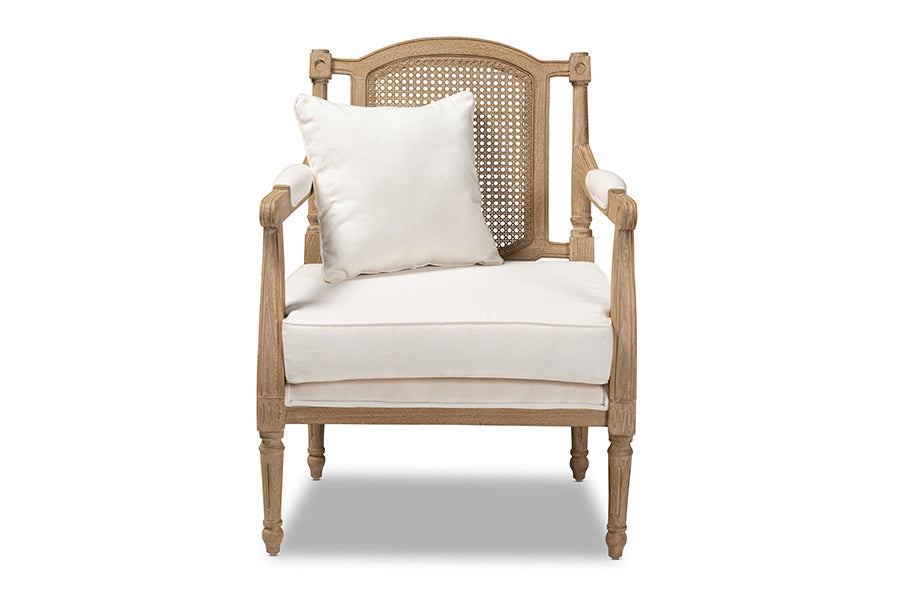 Clemence French Provincial Ivory Fabric Upholstered Whitewashed Wood Armchair