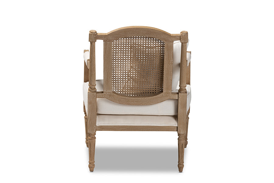 Clemence French Provincial Ivory Fabric Upholstered Whitewashed Wood Armchair