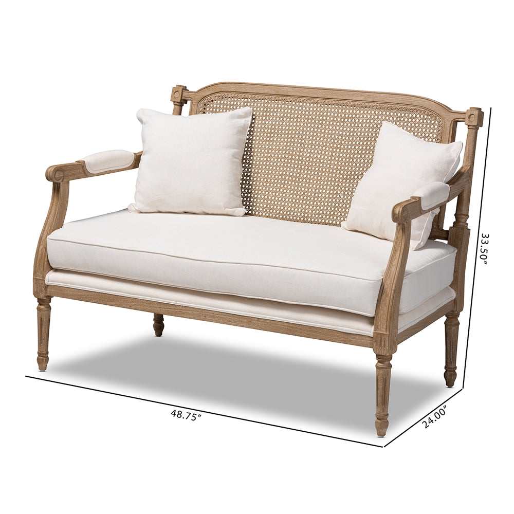 Clemence French Provincial Ivory Fabric Upholstered Whitewashed Wood Loveseat