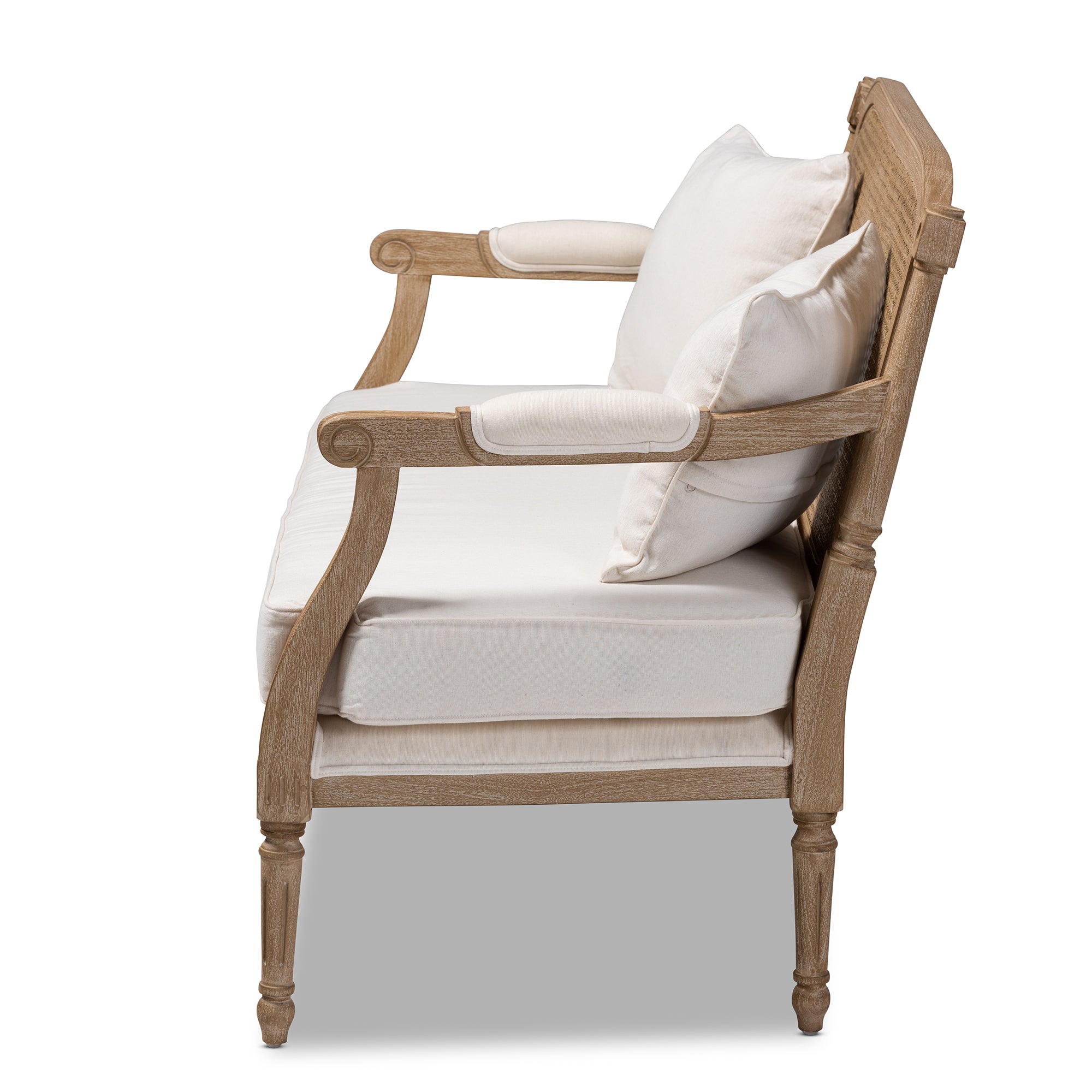 Clemence French Provincial Ivory Fabric Upholstered Whitewashed Wood Loveseat