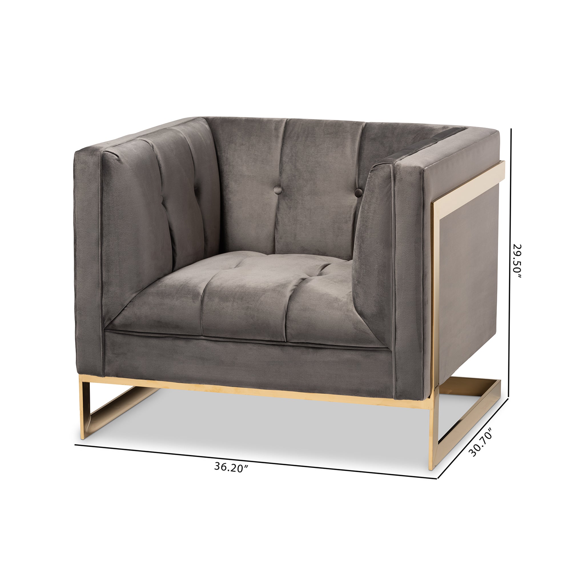 Ambra Grey Velvet Fabric Upholstered and Button Tufted Armchair with Gold-Tone Frame