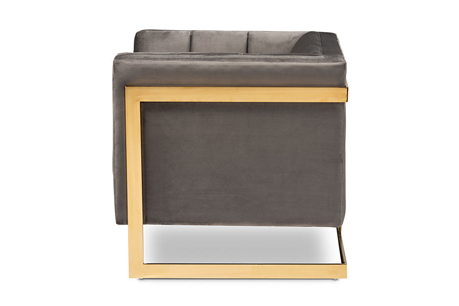Ambra Grey Velvet Fabric Upholstered and Button Tufted Armchair with Gold-Tone Frame