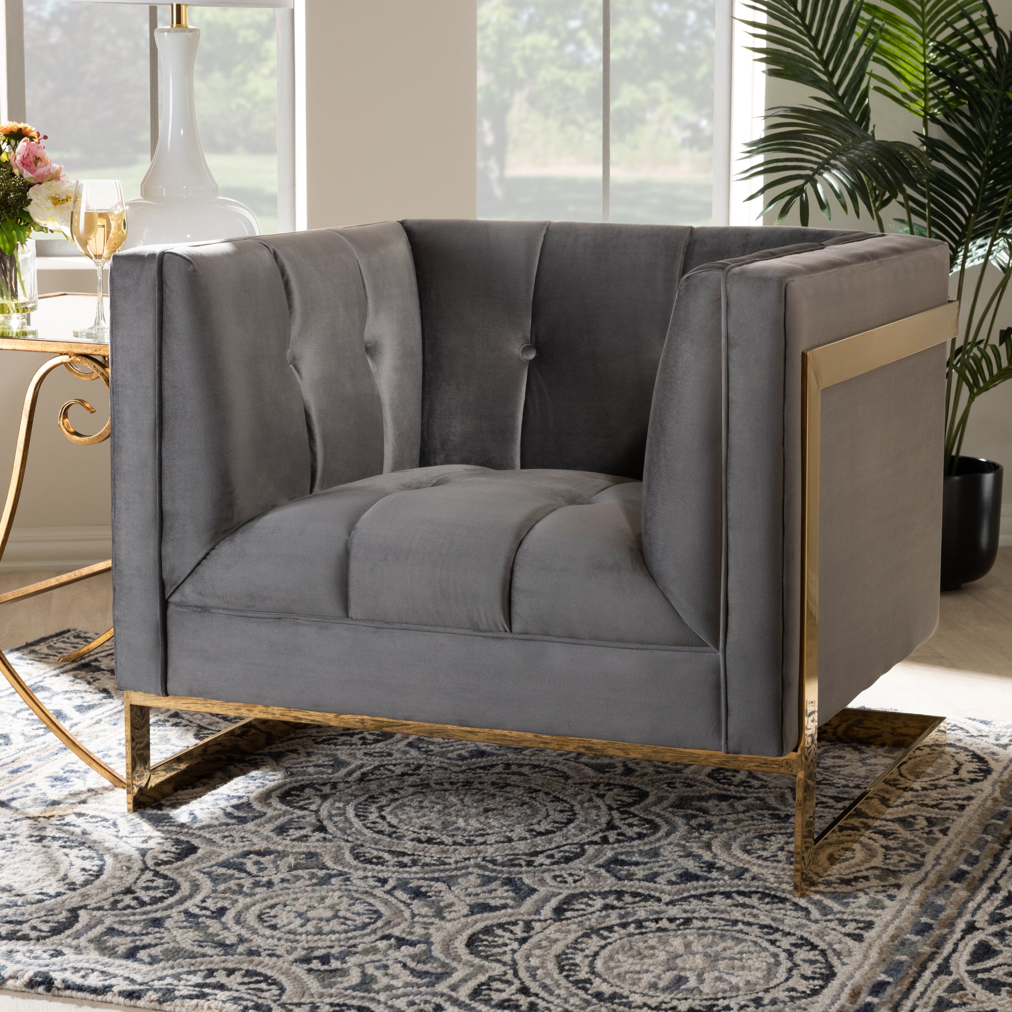 Ambra Grey Velvet Fabric Upholstered and Button Tufted Armchair with Gold-Tone Frame