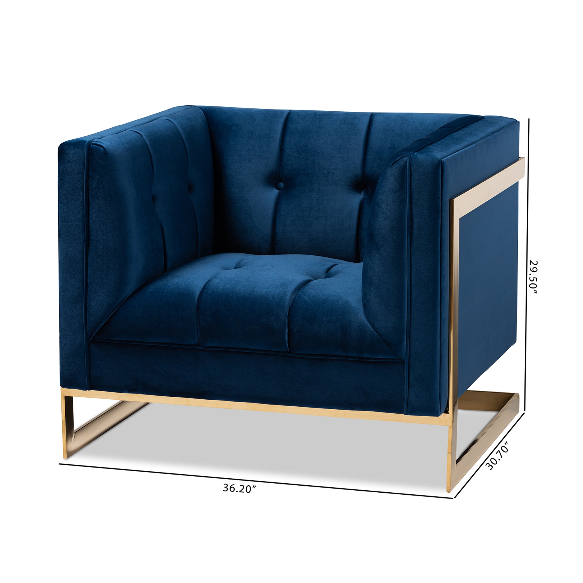 Ambra Royal Blue Velvet Fabric Upholstered and Button Tufted Armchair with Gold-Tone Frame