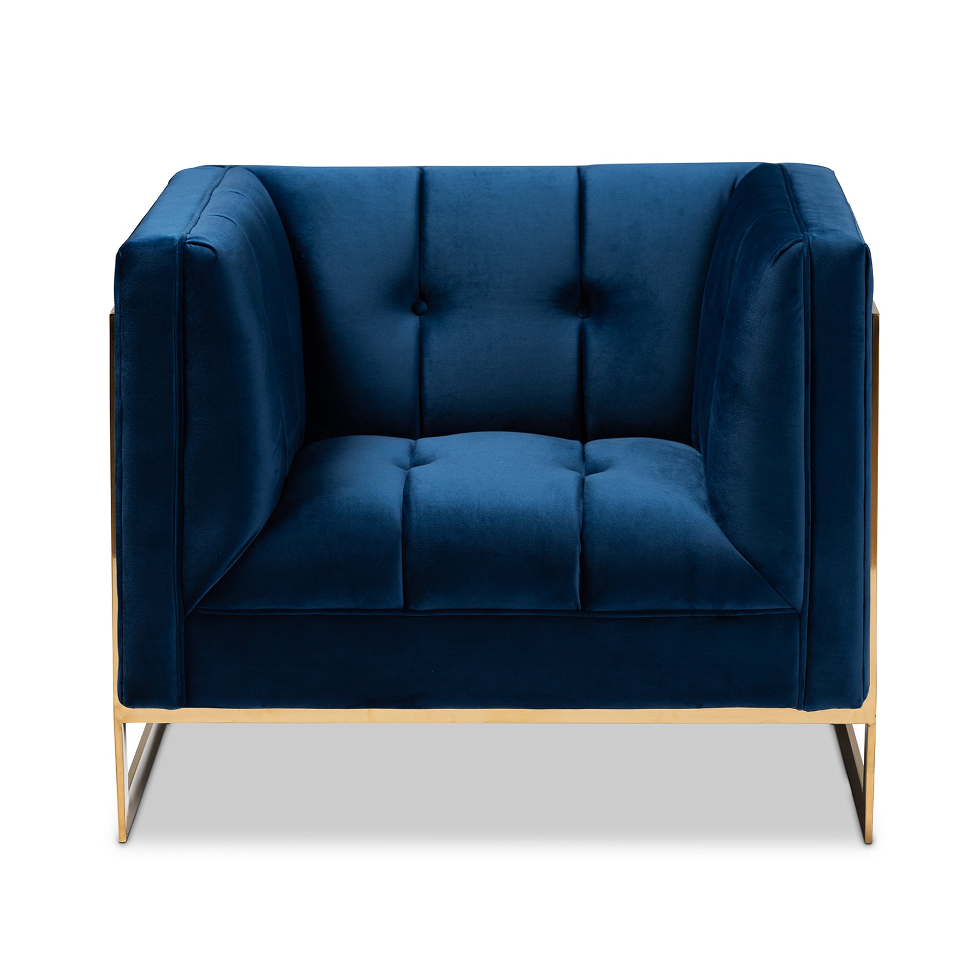 Ambra and Royal Blue Velvet Fabric Upholstered and Button Tufted Armchair with Gold-Tone Frame