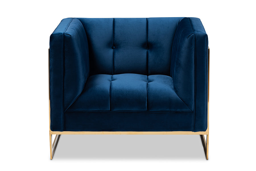 Ambra Royal Blue Velvet Fabric Upholstered and Button Tufted Armchair with Gold-Tone Frame
