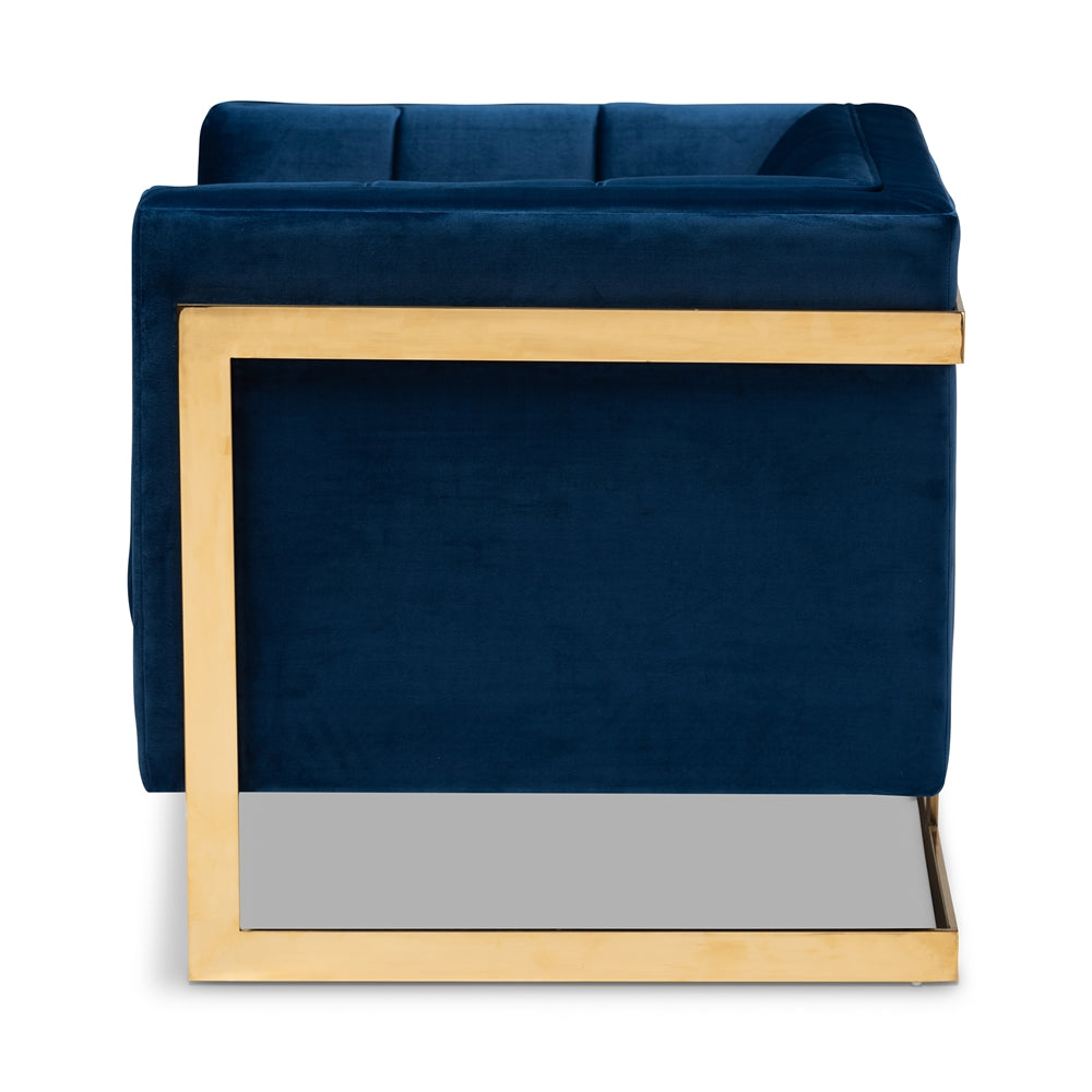 Ambra and Royal Blue Velvet Fabric Upholstered and Button Tufted Armchair with Gold-Tone Frame