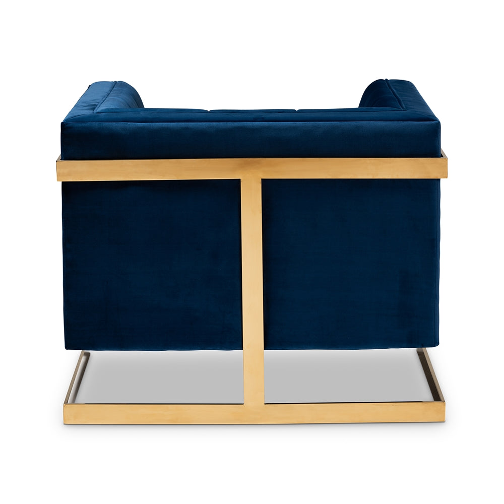 Ambra and Royal Blue Velvet Fabric Upholstered and Button Tufted Armchair with Gold-Tone Frame