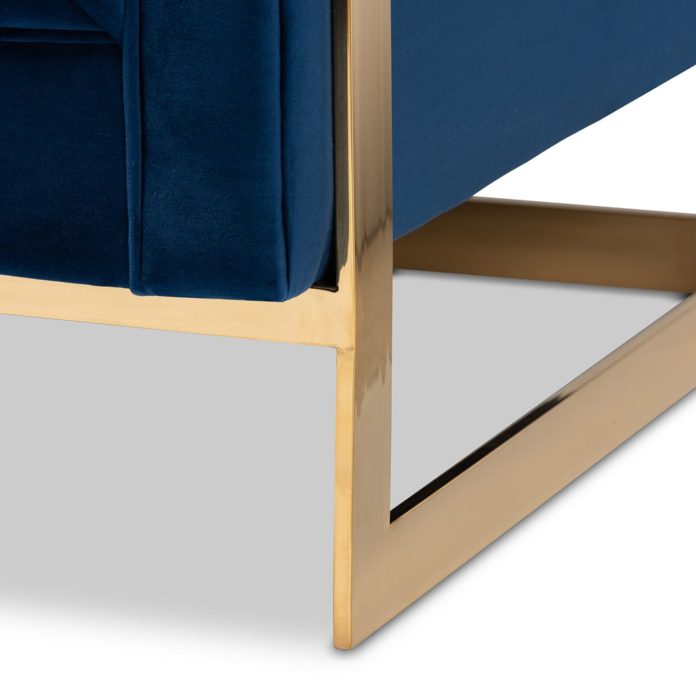 Ambra and Royal Blue Velvet Fabric Upholstered and Button Tufted Armchair with Gold-Tone Frame