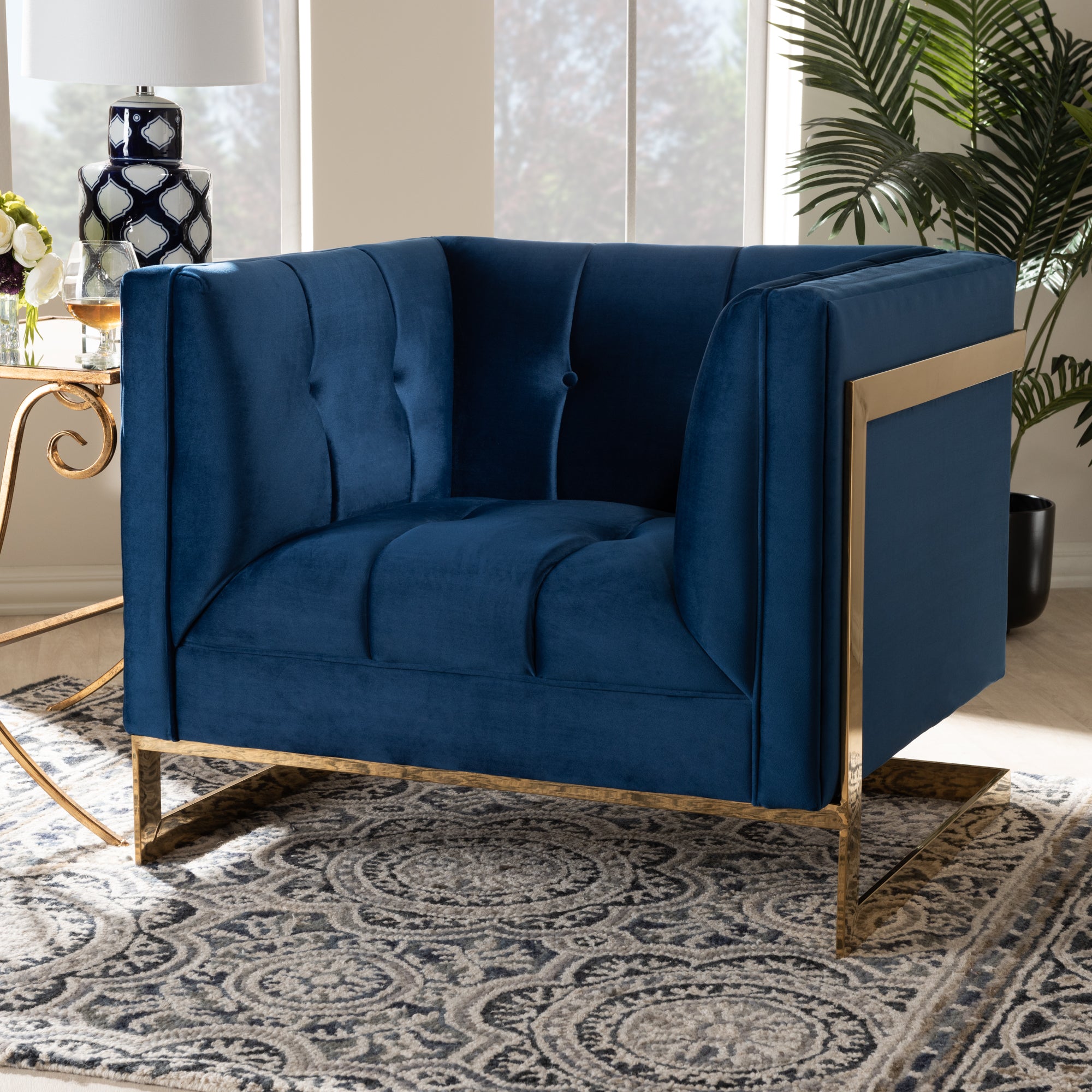 Ambra Royal Blue Velvet Fabric Upholstered and Button Tufted Armchair with Gold-Tone Frame