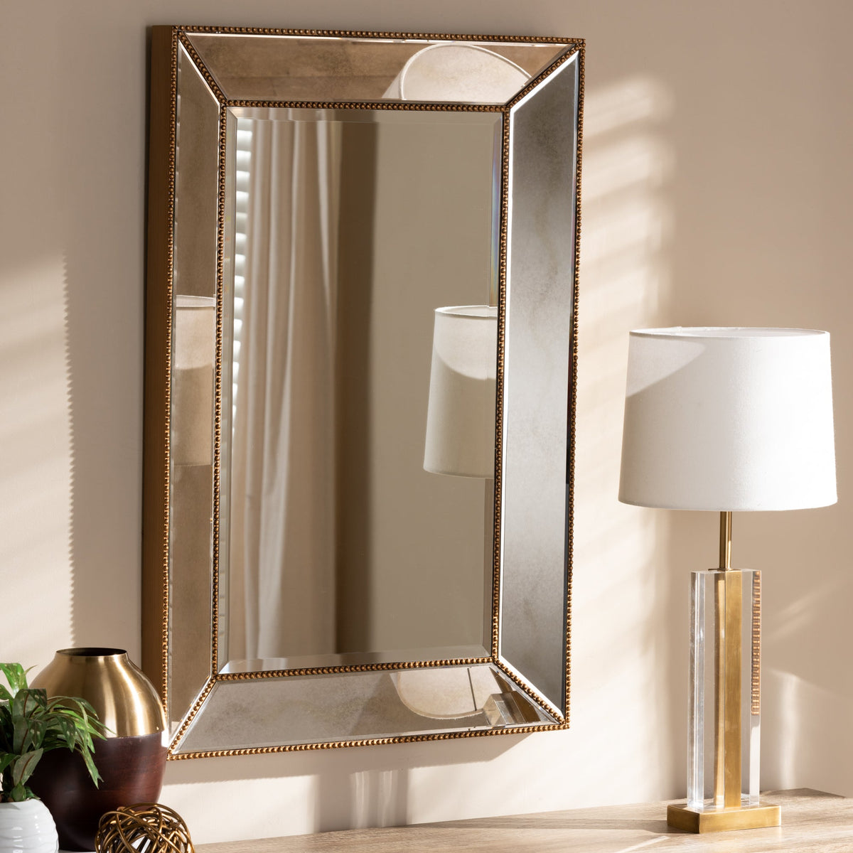 Neva Modern and Contemporary Antique Gold Finished Rectangular Accent Wall Mirror