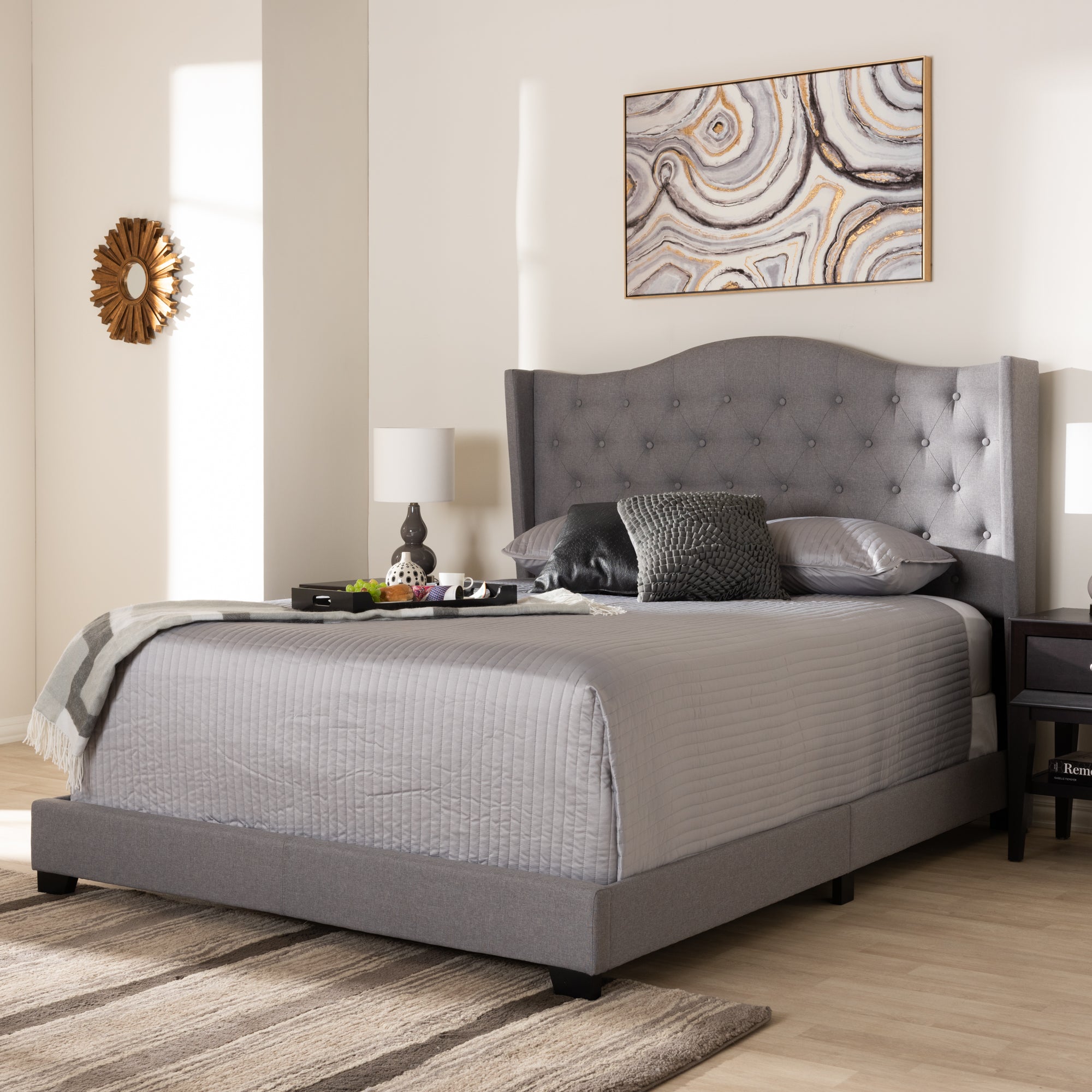 Ahasu Alesha King Grey Fabric Upholstered Bed – Modern Tufted Headboard Design