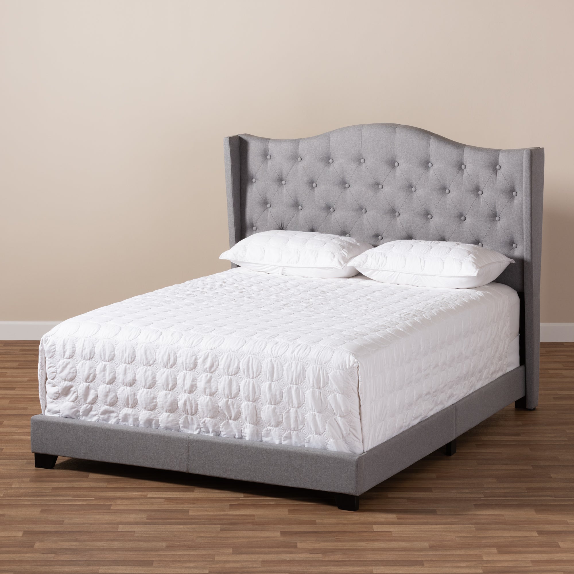 Ahasu Alesha King Grey Fabric Upholstered Bed – Modern Tufted Headboard Design