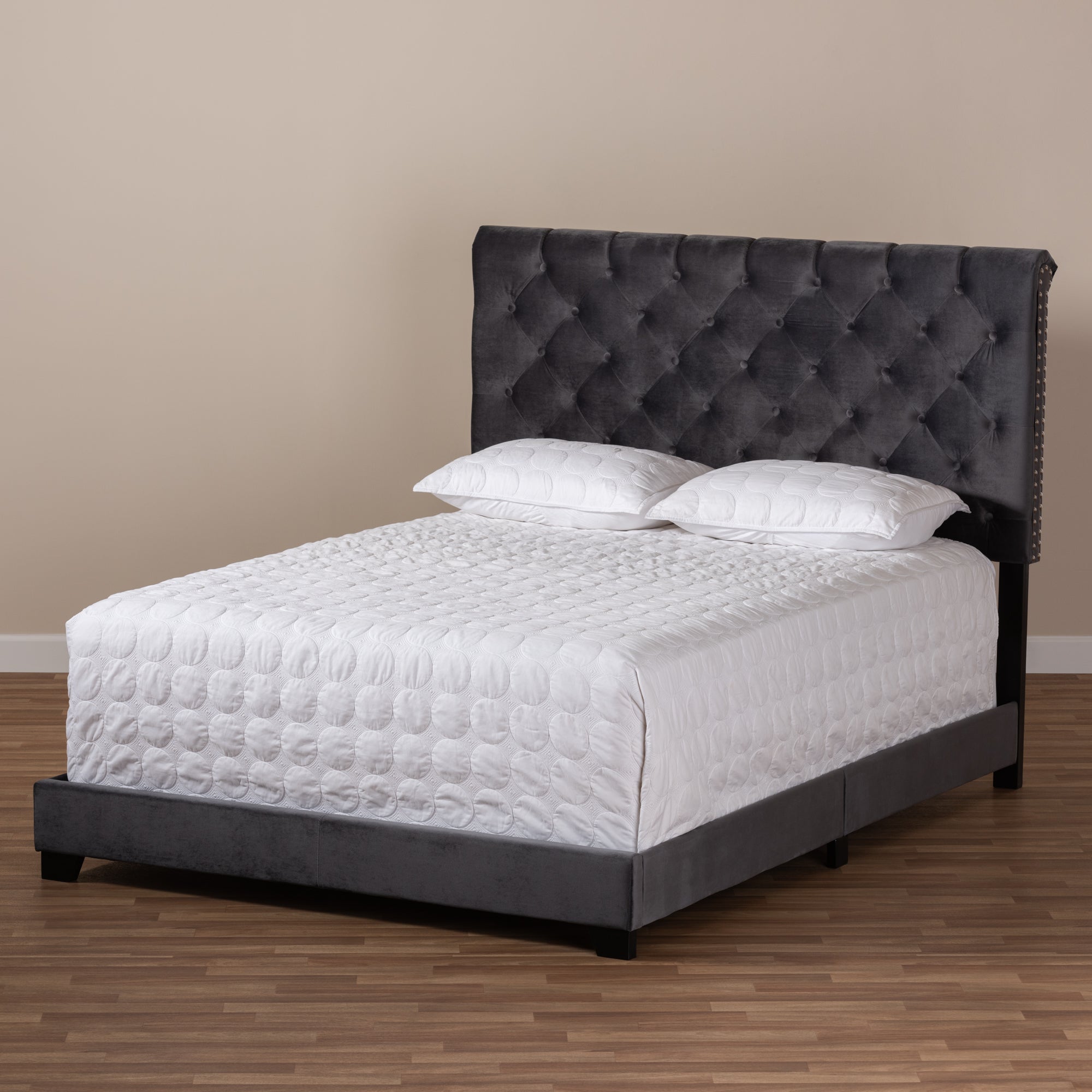 Candace Dark Grey Velvet Upholstered Queen Size Bed