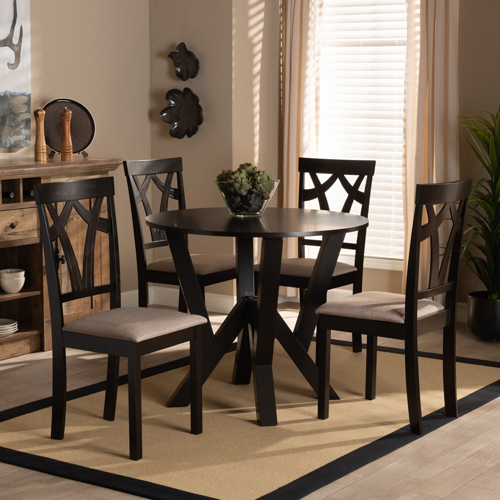 Reagan Modern and Contemporary Sand Fabric Upholstered and Dark Brown Finished Wood 5-Piece Dining Set