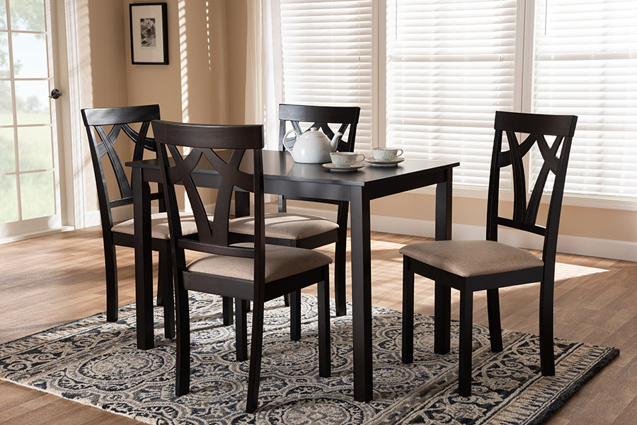 Sylvia Modern and Contemporary Espresso Brown Finished and Sand Fabric Upholstered 5-Piece Dining Set