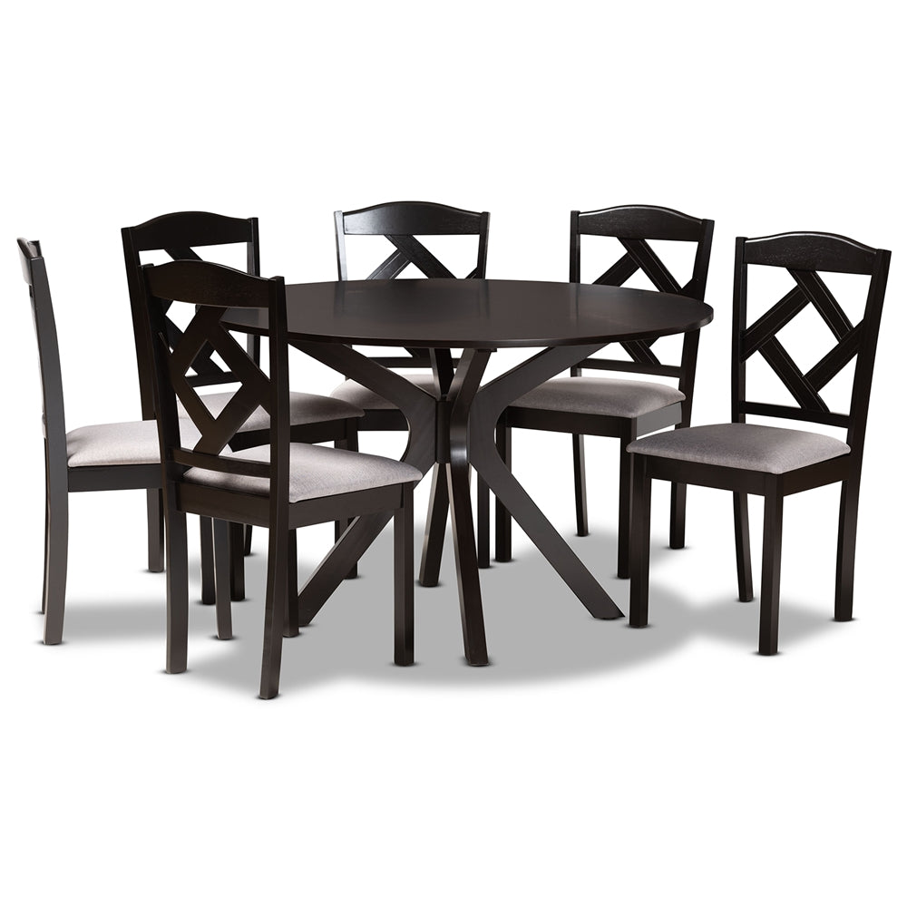 Carlin Modern Transitional Grey Fabric Upholstered and Dark Brown Finished Wood 7-Piece Dining Set